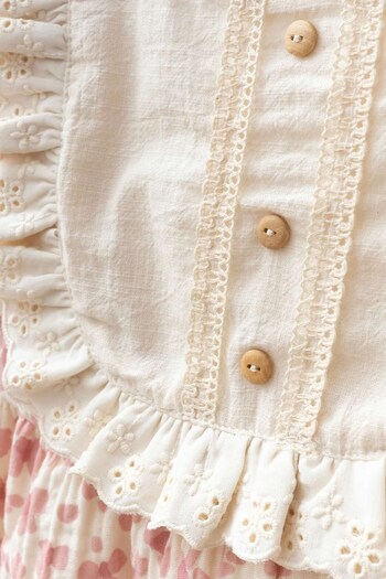 Banamio Elias Baby Girl Floral Patterned Linen Collar Lined Muslin Dress with Ruffle Detail