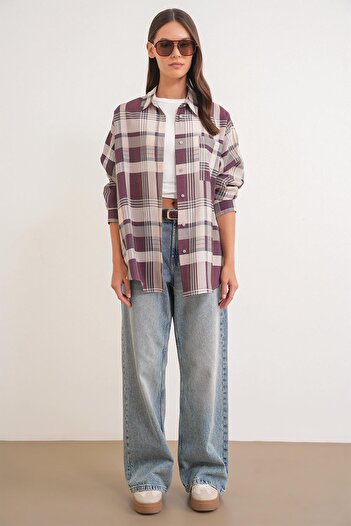 Mixray 4752 Women's Oversize Plaid Shirt Burgundy