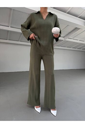 Gallogi V-Neck Knitwear Blouse-Elastic Trousers Oversize 2-Piece Set