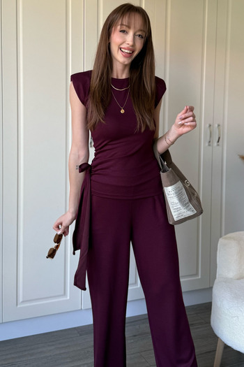 Dilay Gökoğlu Butik Lace-Up Detailed Padded Pants Blouse Burgundy Set