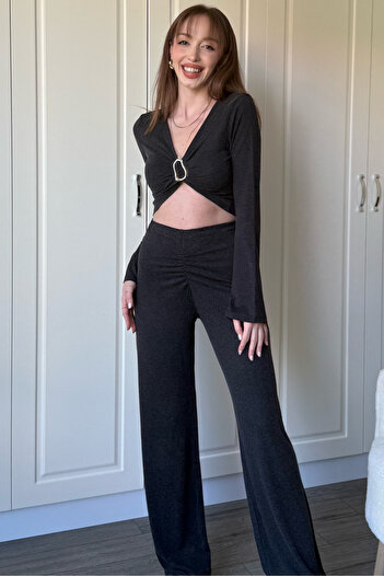 Dilay Gökoğlu Butik Crop Long Sleeve Gray Set with Accessories