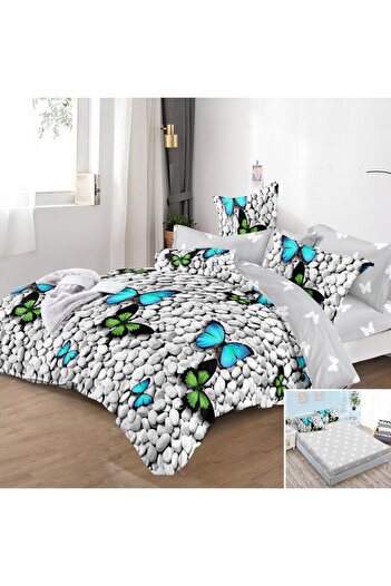 OEM Bed linen, 2 people, fine, 6 pieces, with elastic, gray and white, with butterflies and stones, LEL290