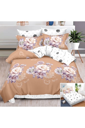 OEM Bed linen, 2 people, finet, 6 pieces, with elastic, cream and white, flower print, LEL503