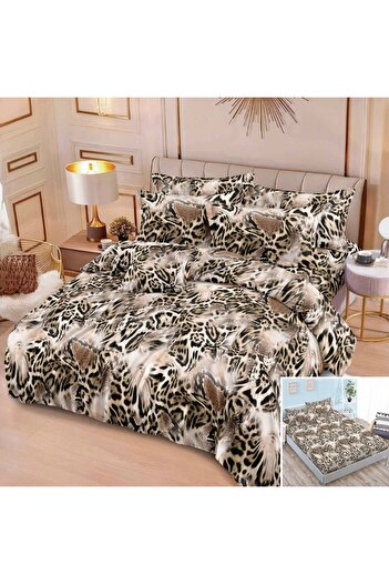 OEM Bed linen, 2 persons, finet, 6 pieces, with elastic, cream and brown, animal print, LEL485