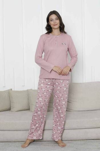 ALİMER Floral Patterned Women's Pajama Set - Dried Rose Embroidered Winter Interlock 2879Uk