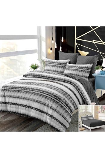 OEM Bed linen, 2 people, finet, 6 pieces, with elastic, gray and white, with lines, LEL341
