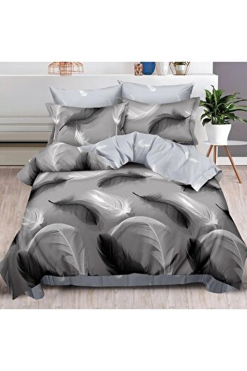 OEM Bed linen, 2 people, fine, 6 pieces, with elastic, gray, with white and black feathers, LEL232