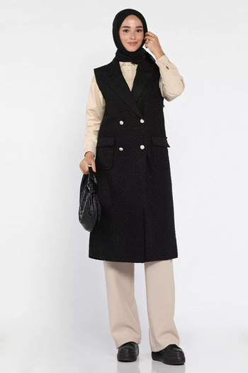 julude Black Gold Button Detailed Double Pocket Hijab Boucle Vest