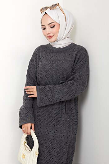 Bestenur Dantel Motifli Astarlı Triko Elbise 1601 - Antrasit