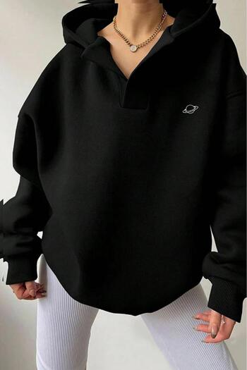 NO 601 Women's Black Planet Printed Patchwork Low-Cut Hooded Sweatshirt