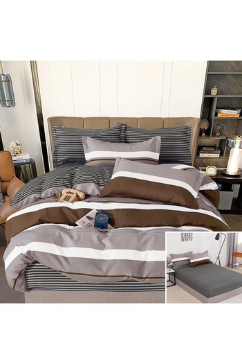 OEM Bed linen, 2 persons, finet, 6 pieces, with elastic, gray brown white, line print, LEL513