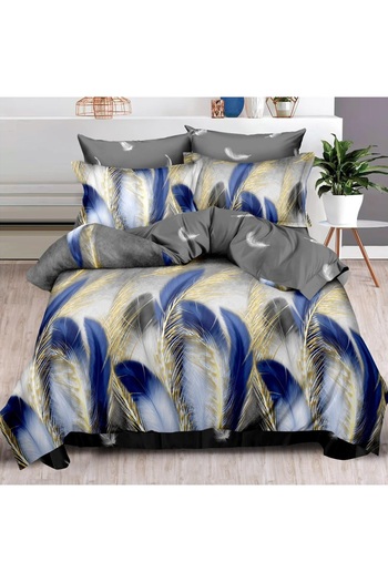 OEM Bed linen, 2 people, fine, 6 pieces, with elastic, gray, with blue feathers, LEL233