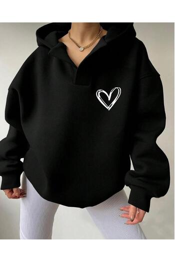 NO 601 Women's Black Heart Printed Placket Hooded Sweatshirt