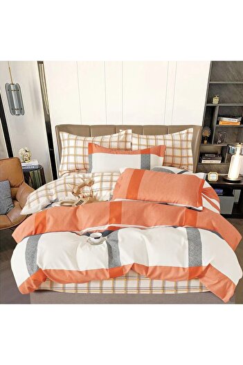 OEM Bed linen, 2 persons, fine, 6 pieces, with elastic, cream white gray, with checkered print, LEL236