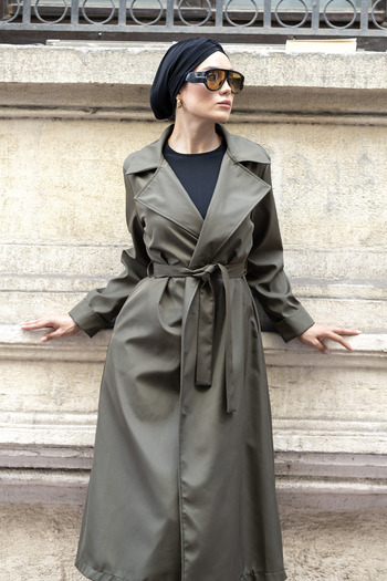 dilber fashion Trench Coat with Leopard Detail and Bag Gift
