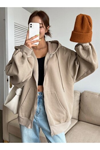 pandy Unisex 2 Thread Ribbed Kangaroo Pocket Hooded Zip-Up Cardigan / Sweatshirt