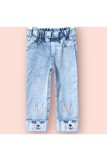 mini trends Kız pantolonu kot denim tavşan nakışlı