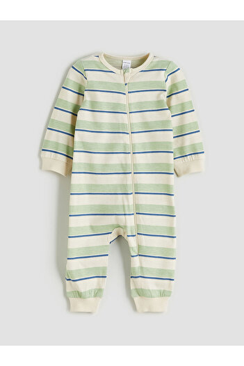 LC Waikiki Beige Zipper Closure Striped Baby Boy Jumpsuit
