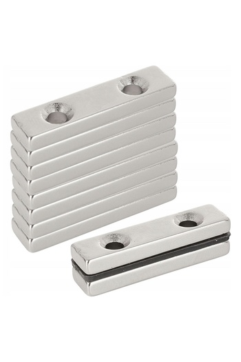 zola Set of 10 rectangular magnets, neodymium, 2 screw holes, 40 x 10 x 4 mm, silver