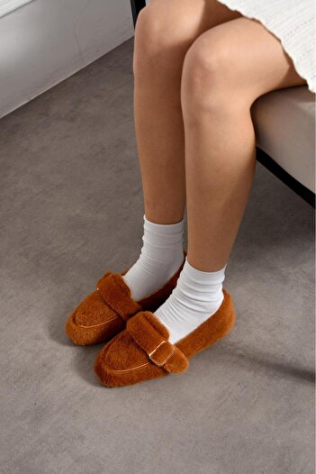 Moda Devrin Women's Tan Plush Winter Ballerina Shoes for Home and Outdoor Use