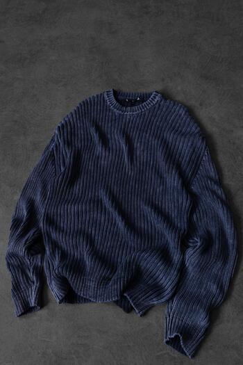 Slatra Men's Indigo Washed Ribbed Wool Blend Crew Neck Oversized Sweater