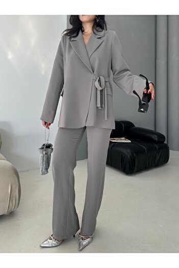 MYGİYİMİSTANBUL Tie-Up Blazer Jacket Wide Leg Trousers Set