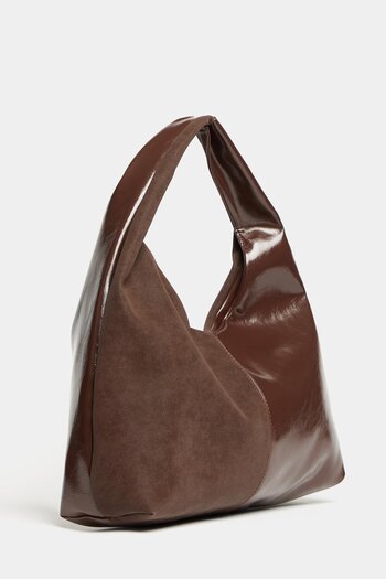Madamra Women's Brown Suede and Patent Leather Contrast Design Shopper Shoulder Bag – Soft Form Vintage Model
