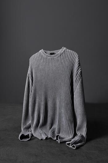 Slatra Men's Gray Washed Ribbed Wool Blend Crew Neck Oversize Sweater