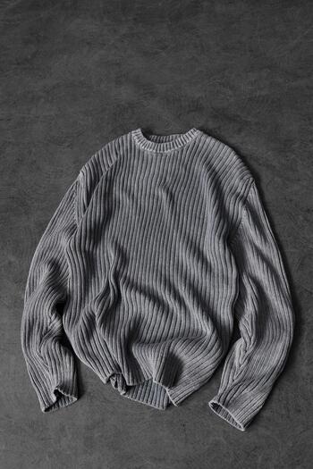Slatra Men's Gray Washed Ribbed Wool Blend Crew Neck Oversize Sweater