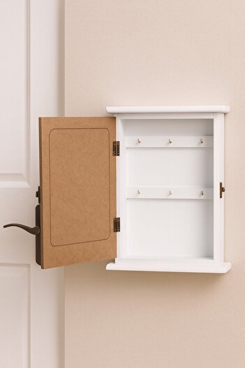 decorev Natural Wooden Key Holder Box with Lid – Tree Motif Wall Mounted Hanger with the Word'Home' Written Br-6630