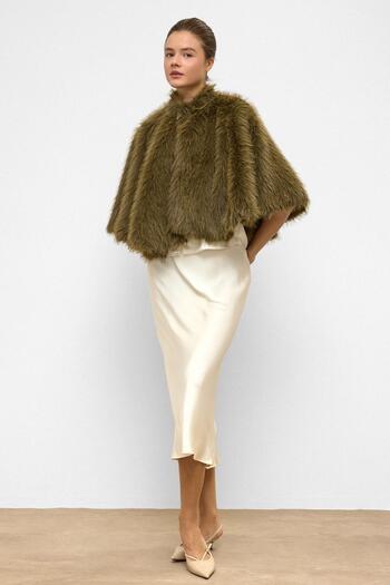 Olcay Short Faux Fur Poncho Khaki 1013