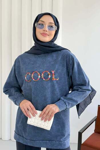 Hatun Atila Crew Neck Embroidered Front Washable Tunic 8920 - Blue
