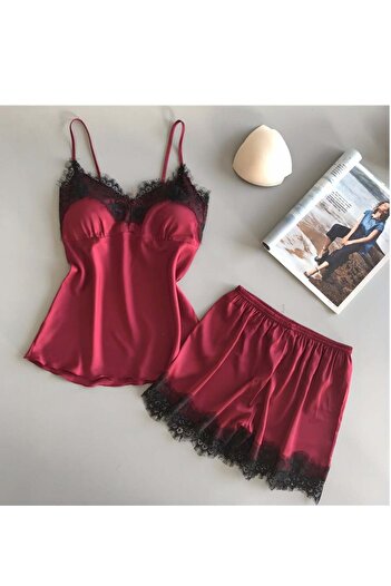 Generic Lace Detailed Two-Piece Sleepwear Set - Red Wine/Black