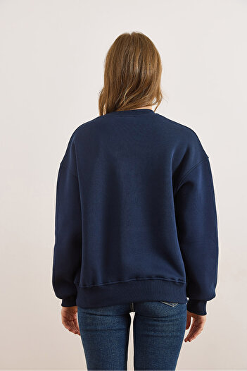 Olalook Women's Navy Blue Embroidered Embroidered Sweatshirt Swt-19000754