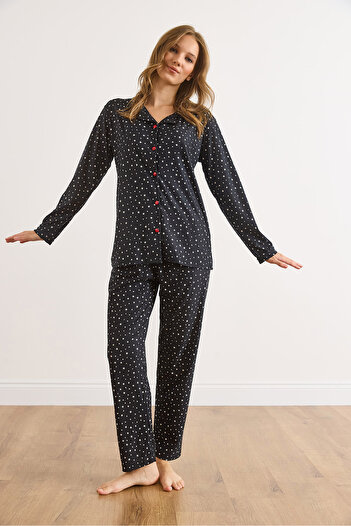 Olalook Women's Star Black Suede Textured Pajama Set Pjm-00000023