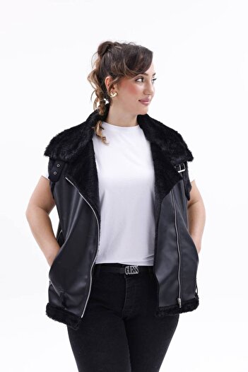BRGCLOTHING Leather Vest with Collar and Fur Detailing Inside