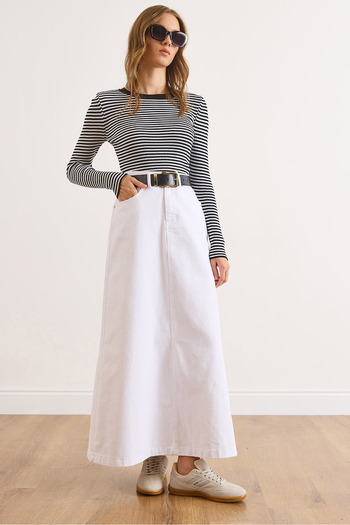 Olalook Women's White A-Line Maxi Denim Skirt with Pockets Etk-19000357