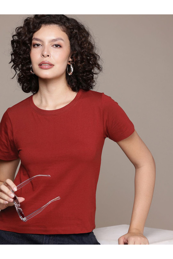 Freehand By Styli Women Red Cotton Crew Neck T-Shirt
