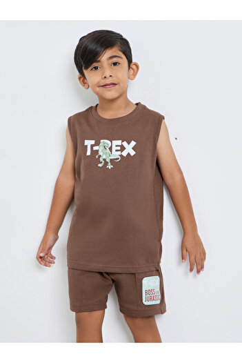 Styli Boys Brown Dinosaur Print Tank and Shorts Set