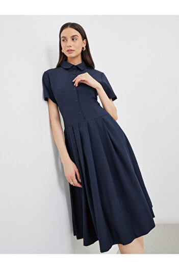 Take Two By Styli Collared Short Sleeve Pleated Knee Length Dress