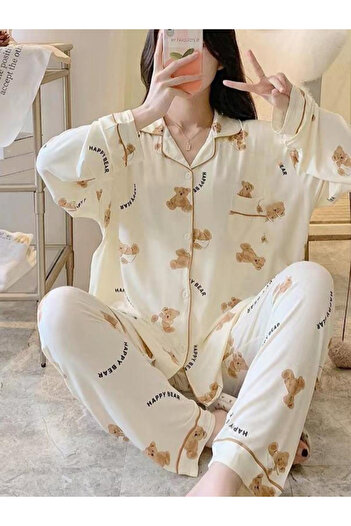 Take Two By Styli Women Bear Graphic Print Shirt and Pyjama Set