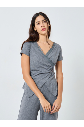 Styli Wrap Button Waist Lace Detail Top and Pyjama Set