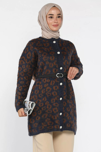 julude Navy Blue Patterned Hijab Knitwear Cardigan with Belt Accessory