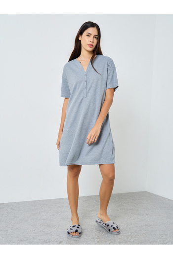 Styli Waffle Textured Placket Sleep T-Shirt Dress