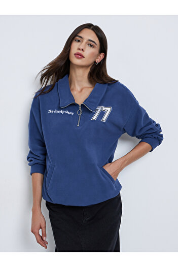 Styli Navy Blue Polar Fleece Oversized Sweatshirt