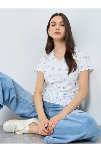 Take Two By Styli Graphic Ditsy Printed Ribbed T-Shirt