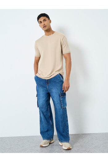 Styli Men Beige Round Neck Flat Knit T-Shirt