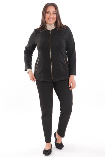 Metpoint Plus Size Suede Black Jacket with Robe Front Pocket and Bird's Eye Stitching