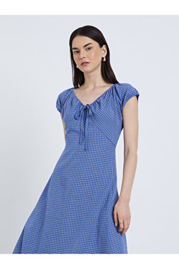 Take Two By Styli Checked Print Tie Up Neck Midi Dress