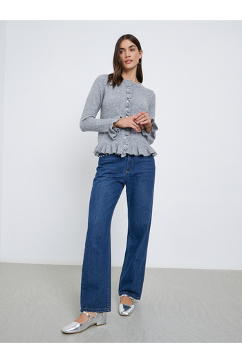 Styli Grey Regular Fit Ruffle Trim Knit Cardigan